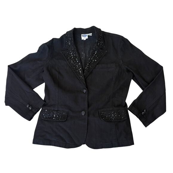 Vintage Upcycled Denim Jacket M Beaded Goth Black Cat Whimsical Statement - Picture 2 of 8